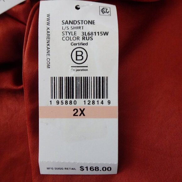 Karen Kane Satiny Top Women's Plus Size 2X Brown Rust Long Sleeve Made in USA - Picture 8 of 10